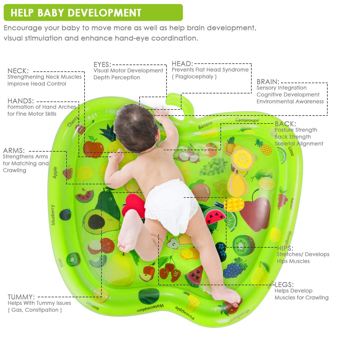 Tummy Time Baby Inflatable Water Mat, Apple Shape Infants Toddlers Activity Center Sensory Developmental Play Mat with Toys
