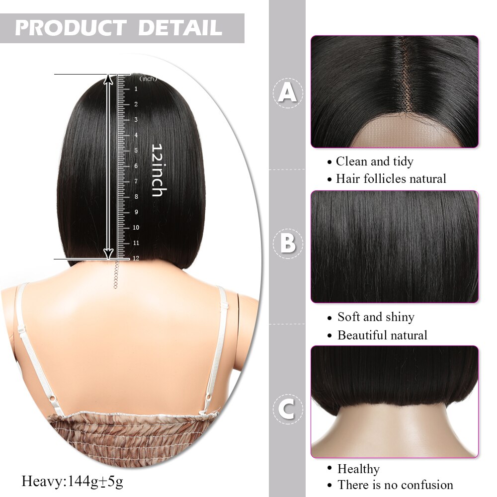 Peluca corta de pelo liso de 14 pulgadas con encaje frontal sintético, resistente al calor, con raya lateral y cabello negro, expo city.