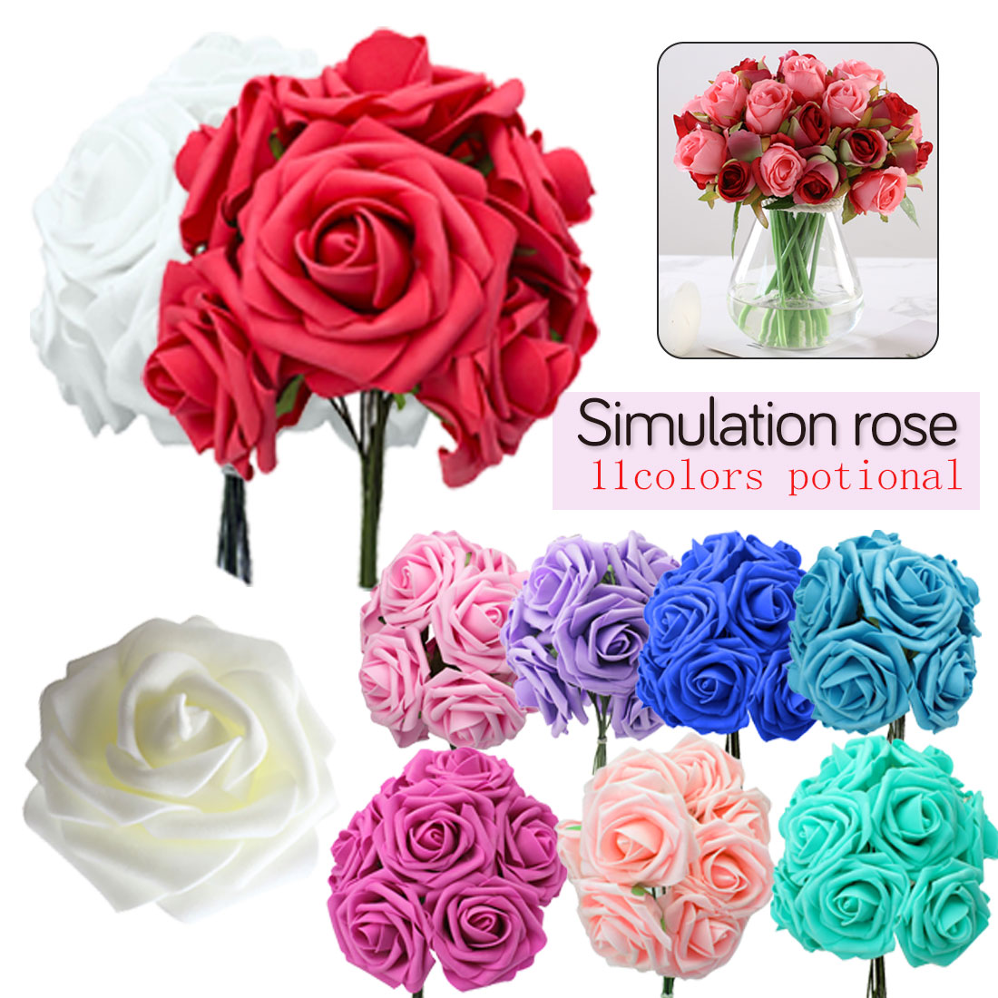 10 Heads 7CM Artificial Rose Flowers Wedding Bride Bouquet PE Foam DIY Home Decor Rose Flowers Wedding Decoration 11 Colors