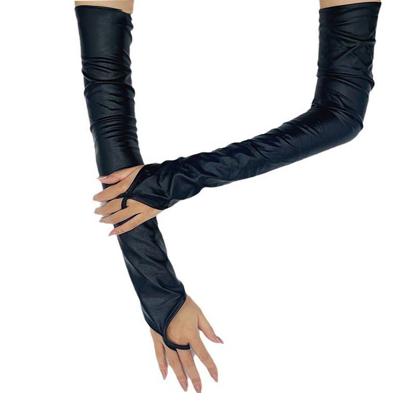 Sexy Dames Lak Lederen Handschoenen Halloween Cosplay Nachtclub Podium Voorstelling Paaldans Arm Mouwen Haak Vinger Lange Want