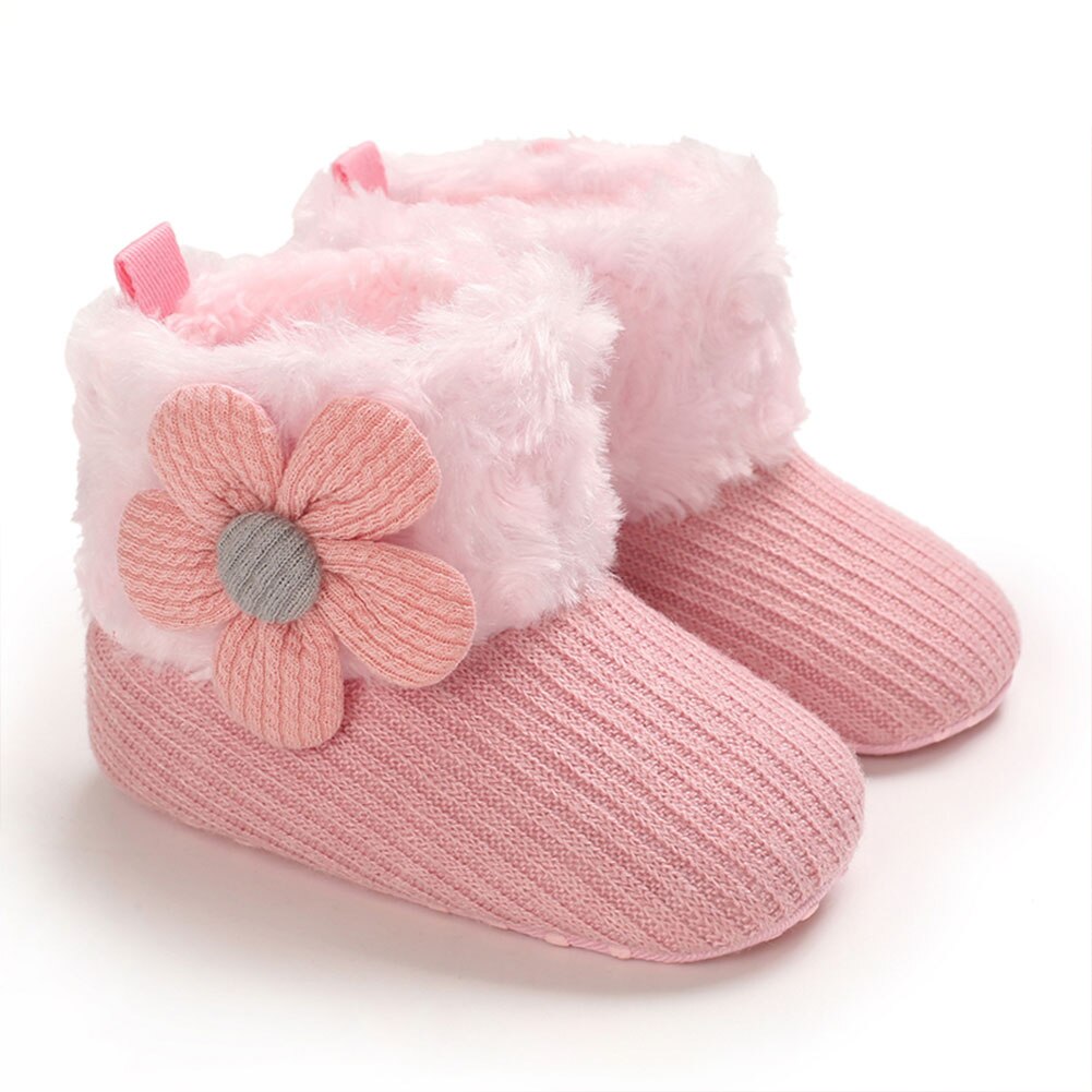 Babymeisjes sneeuwlaarzen winter warm mooie zachte imitatiebont gebreide bloemenlaarsjes antislip baby prewalkers 0-18m: Roze / 0-6 maanden