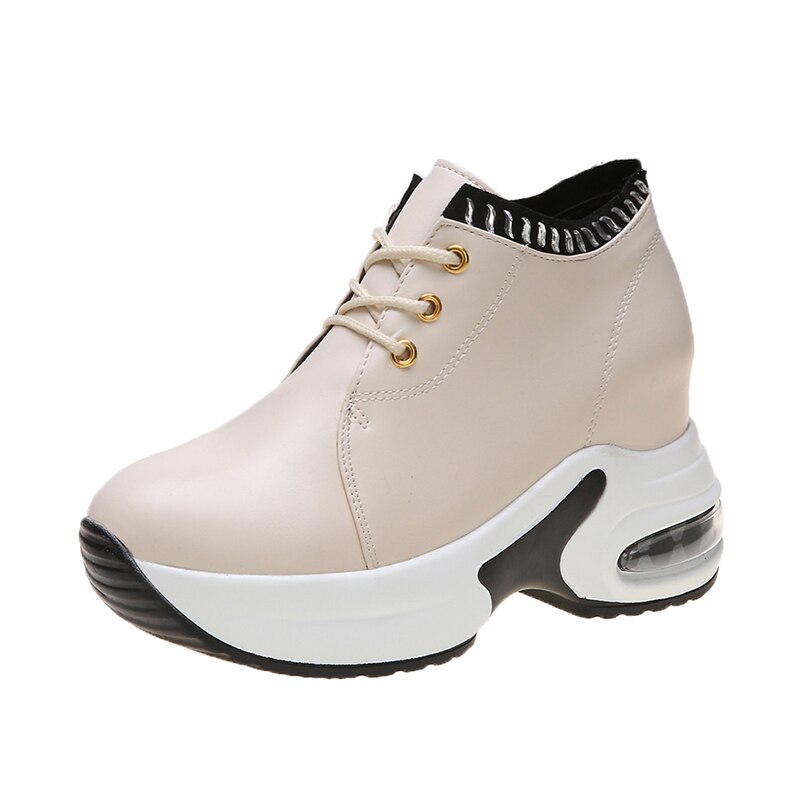 Spring Increase Height Wedge Sneakers Simple Lace Up High Platform Sneakers Beige Brown Casual PU Leather Shoes Outdoor: Beige / 5.5