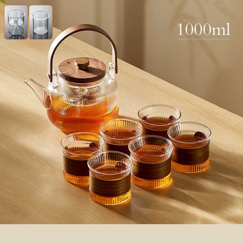 GIANXI Chinese Tea Set Wooden Handle Wooden Cover Glass Teapot Stainless Steel Filter Steaming Tea Set Transparent Teapot Tray: Dark Khaki