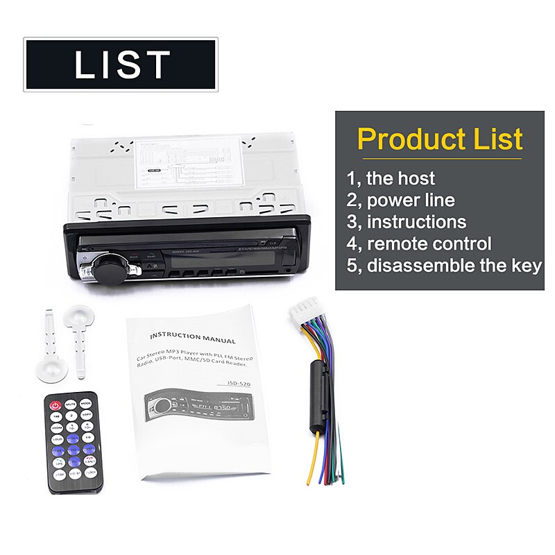 Bluetooth Autoradio Radio estéreo de coche FM RECEPTOR DE entrada Aux SD USB JSD-520 12V en el salpicadero 1 din reproductor Multimedia de MP3 para coche