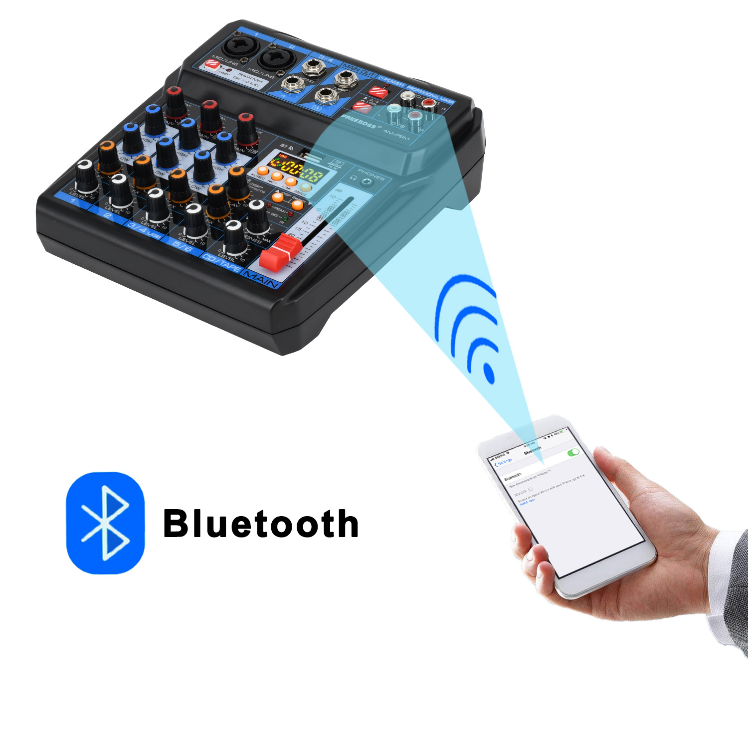 Freeboss AM-PSM DC 5V Bluetooth USB Computer Record Sound Card 6 Channel 2 Mono 2 Stereo 16 Effects Audio Mixer