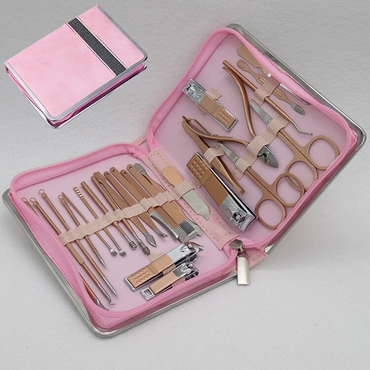 Pink Stainless Steel Nail Clipper Set 7-piece Pedicure Knife Beauty Tweezers Nail Manicure Set Nail Tools Toe Nail Clippers: rose gold 26 pcs set