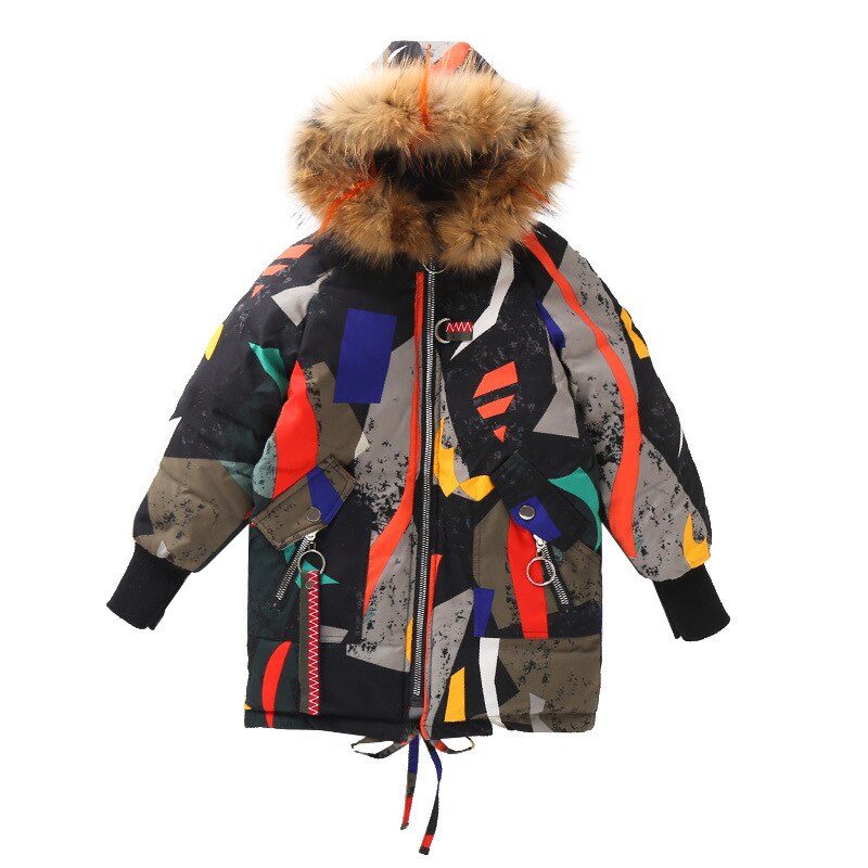 Piges bomuldstøj piger vintertøj bomuldspolstret tøj geometrisk tryk stor pelskrave polstret jakke vinter: 130