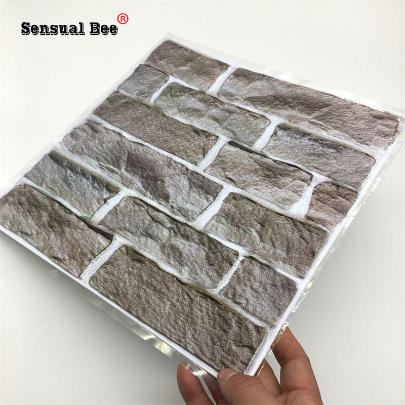 3D Gray Brick Pattern Emboss Tiles Wall Sticker Cupboard Kitchen Tile Waist Line Wall Decals Home Decor Waterproof PVC Art Mural