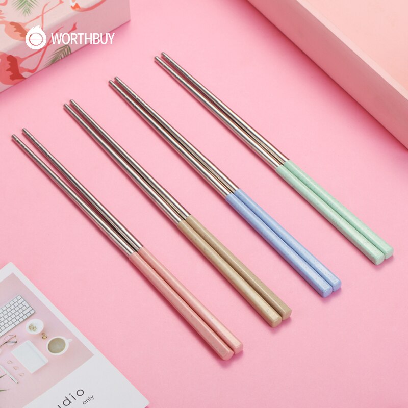 WORTHBUY Chinese Chopsticks Portable Travel Chopsticks 304 Stainless Steel Chop Sticks Wheat Straw Handle Food Stick Sushi Hashi