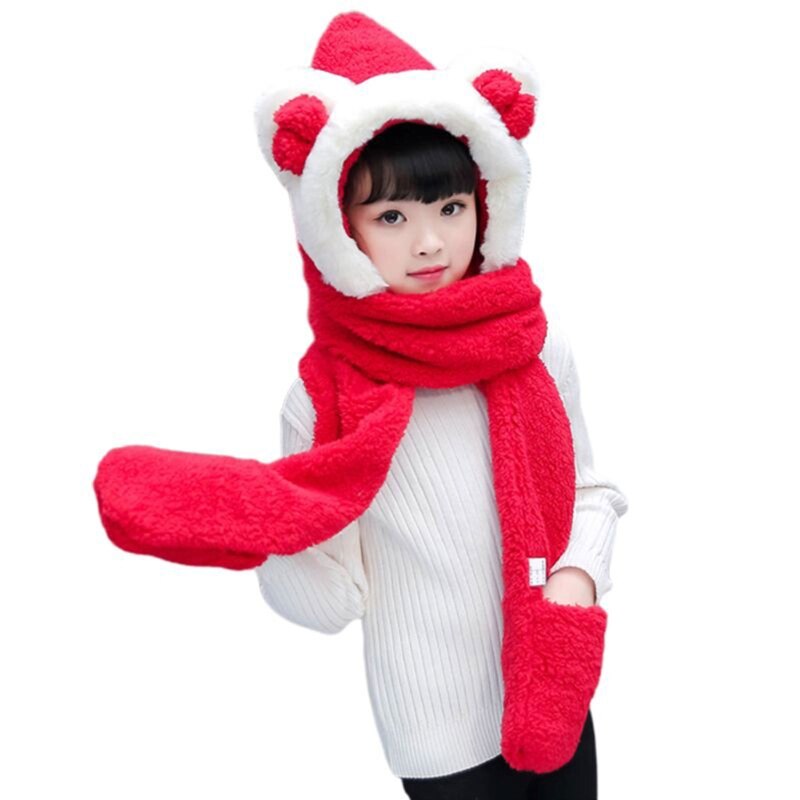 Toddler 3 In 1 Warm Plush Winter Hat Cute Bowknot Bear Ears Kids Scarf Mitten Gloves with Pockets Earflap Hoodie Cap: Red