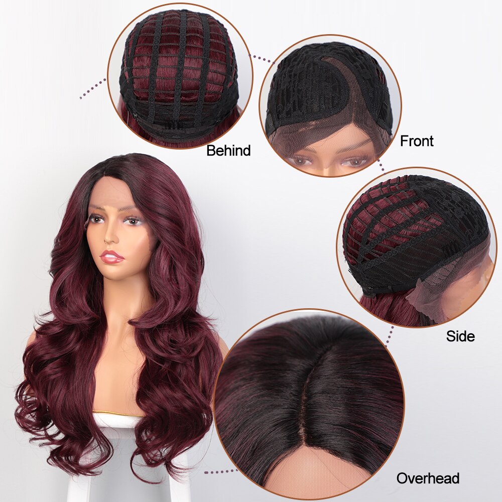 AISI BEAUTY Long Wavy Dark Red Wigs Synthetic Lace Front Wigs for Women Black Lace Wigs High Temperature Fiber Cosplay Hair