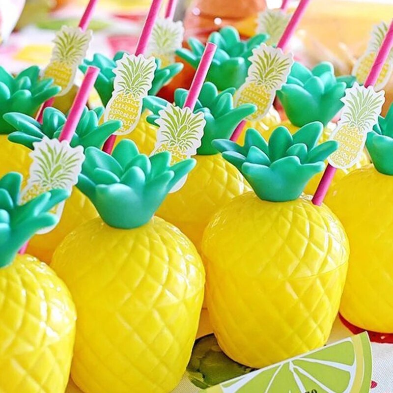 6Pcs Plastic Tropische Ananas Kokosnoot Drinkbeker Fruit Vorm Sap Cups Hawaiiaanse Luau Verjaardag Zomer Strand Zwembad Party Decor