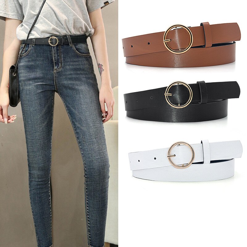 Cinturones de cuero con hebilla redonda para mujer, cinturón clásico Retro de que combina con todo, con hebilla redonda, para Vaqueros