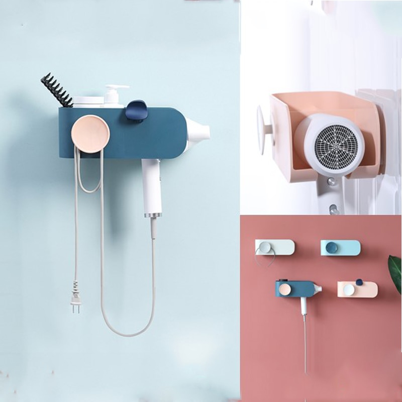 Wall-Mounted Hair Dryer Holder Rack Plastic PP Storage Shelf Basket Shower Caddy Kitchen Bathroom Organizer Hair Dryer Rack