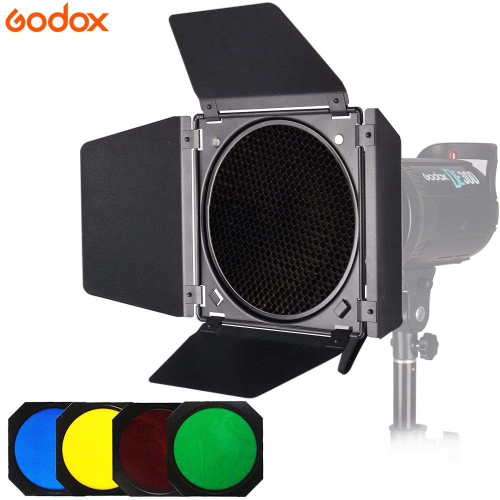 Godox BD-04 Bowens Mount grange porte avec grille nid d'abeille + 4 Kits de filtres de couleur pour SK400ii DE400 DE300 QS400 QS60 Studio Flash