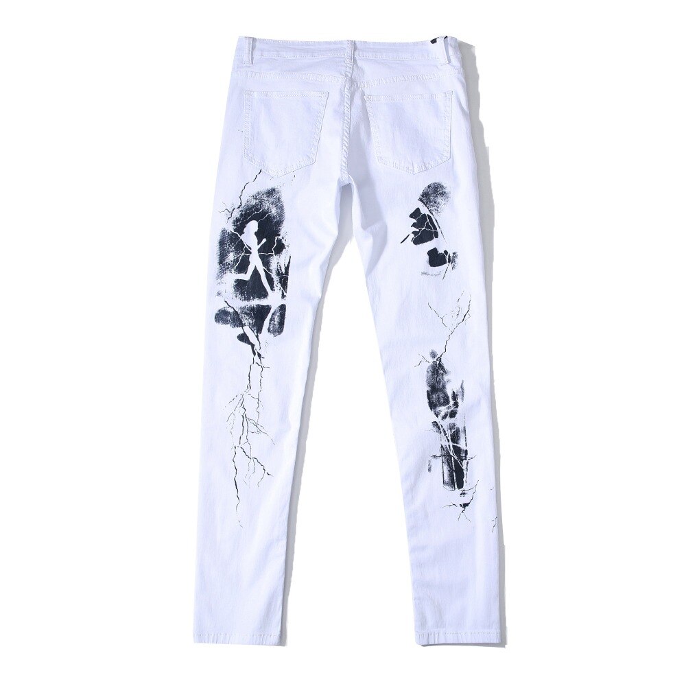 Pattern Printing Biker Jeans Men's Denim Trouser Elasticity Male Slim Pants Plus Size 42