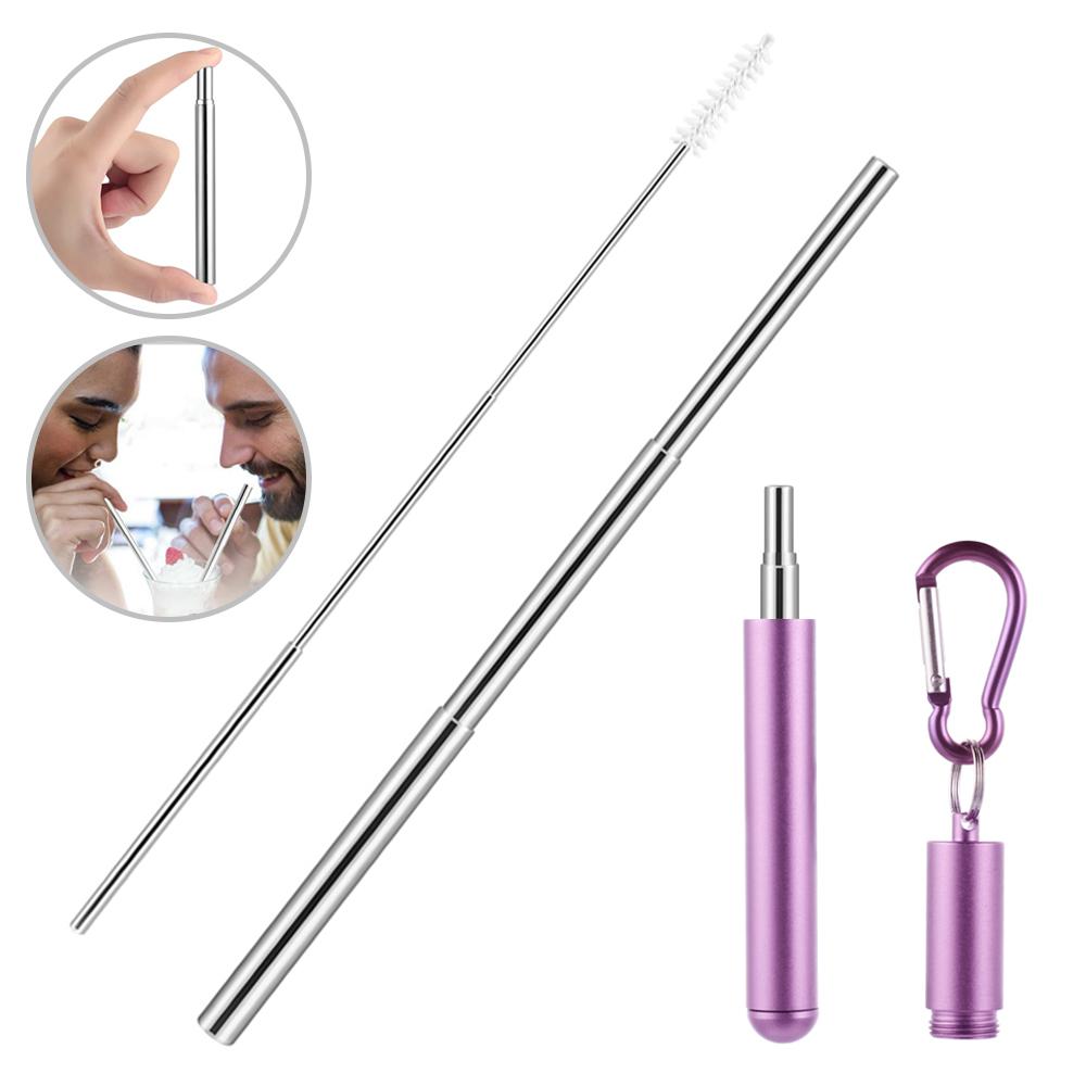 3 Section Telescopic Metal Drinking Straw Portable Straw for Travel Reusable Collapsible Stainless Steel Straw with Case & Brush: Purple 