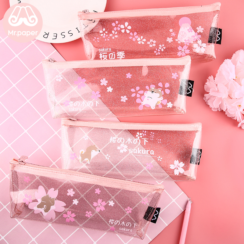 Mr.Paper 4 Designs Pink Cherry Blossom Shiba Inu Transparent Pencil Bags School Case Student Large Size Pencil Bags