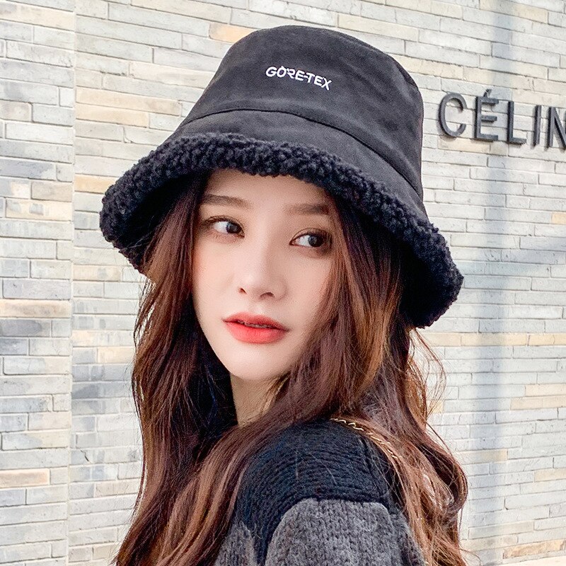 Gorro sombrero de pescador de lana oveja para mujer Otoño e Invierno estilo coreano salvaje pequeño arte fresco gorro de lavabo: Negro