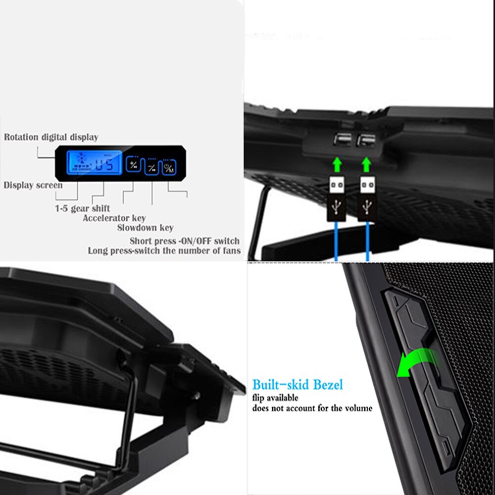 Gaming laptop kylare notebook kylplatta 5 tysta led-fläktar kraftfullt luftflöde portabelt justerbart bärbara stativ usb-gränssnitt
