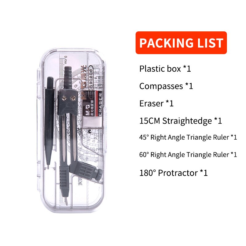 M&G 7-8 Pcs/set Math Set Protractor Drawing Triangle Eraser Pencil Compasses Box Math Ruler for Students School Supplies: 90806 7pcs set