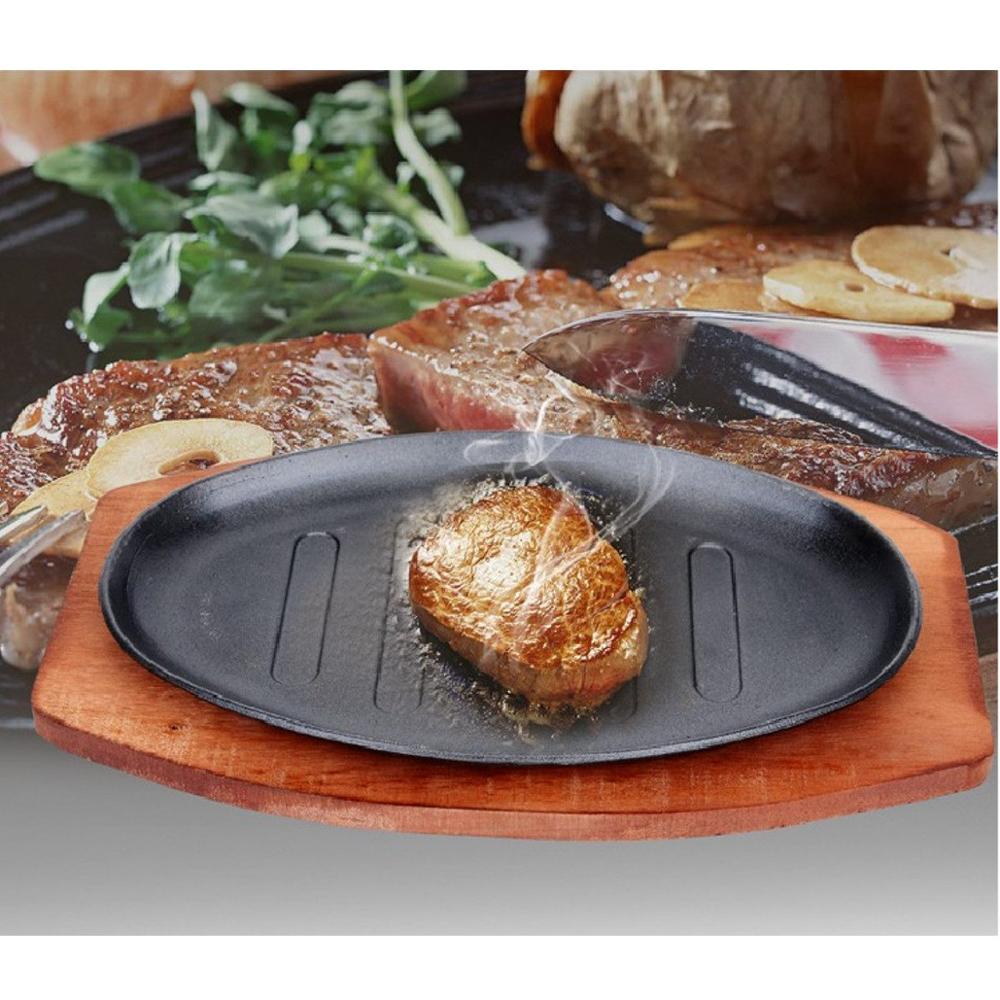 3 Sizes Cast Iron Roasting Steak Pan Non Stick Roast Enamel Fried Pot Plate Frying Pan With Wooden Base Holder Home Cookware