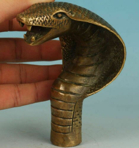 Old Bronze Handmade Carved cobra Snake Statue Cane Walking Stick Head Statues