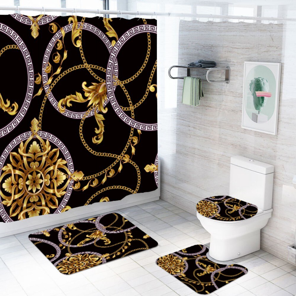 4 stück setzt Luxus Dusche Vorhang setzt mit Schlecht Teppich Wc Deckel Abdeckung Boden matt Wasserdicht Schlecht Vorhang Barock Jahrgang stil: Blau