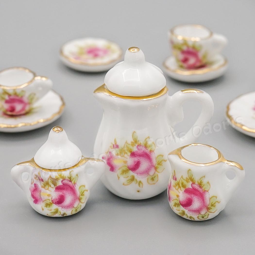 Odoria 1:12 miniaturowe 15 sztuk różowa róża perkal złote wykończenia zestaw filiżanek robić herbaty porcelanowe zastawy stołbyć winnym kuchnia akcesoria robić domku dla lalek wystrój
