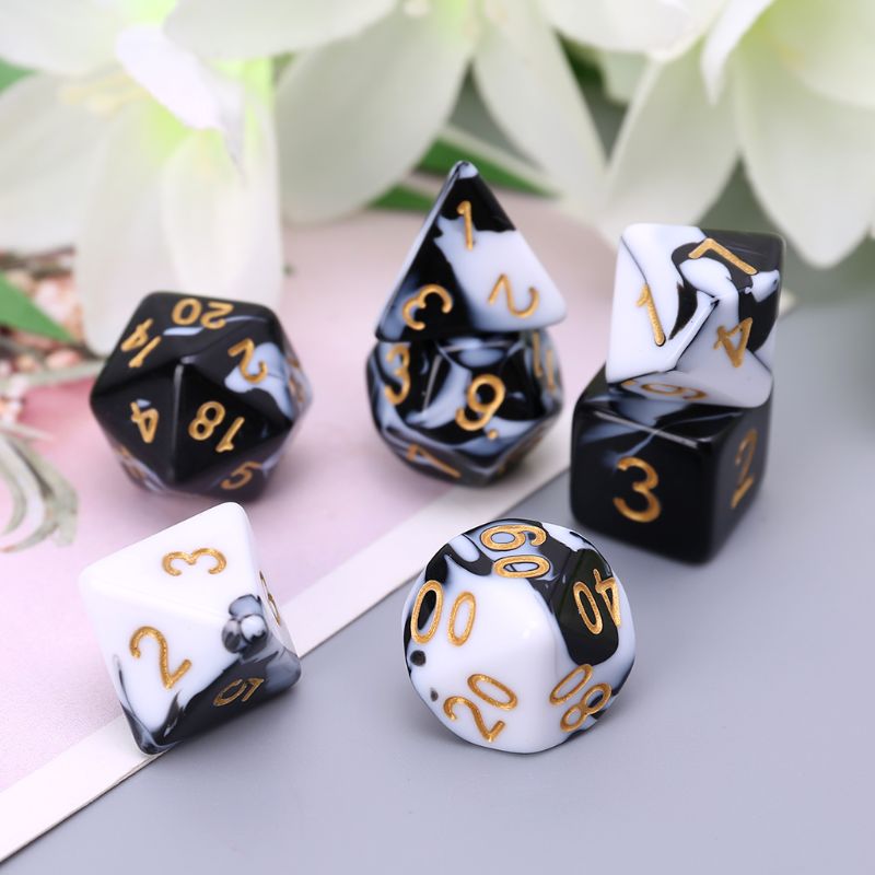 7 Pcs Acryl Dobbelstenen Zwart Wit Goud Punten D4 D6 D8 D10 D12 D20 Ktv Bar Nachtclub Entertainment Gereedschap Volwassen speelgoed