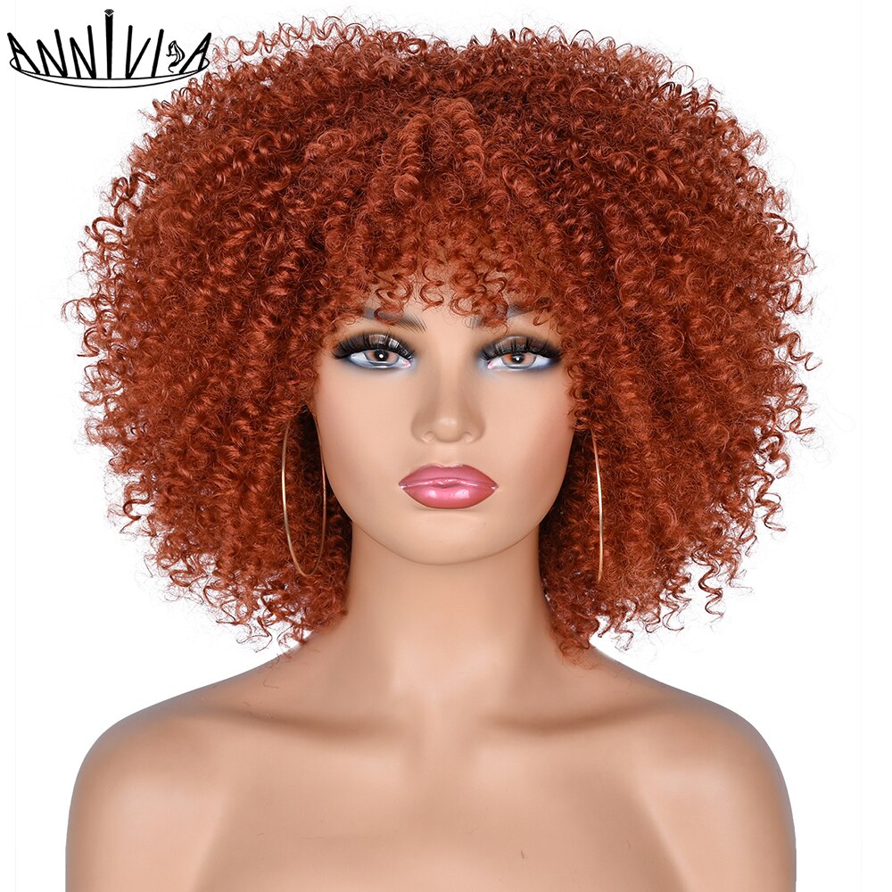 Short Hair Afro Kinky Curly Wigs With Bangs African Synthetic Ombre Cosplay Wigs For Black Women High Temperature: P1B/30