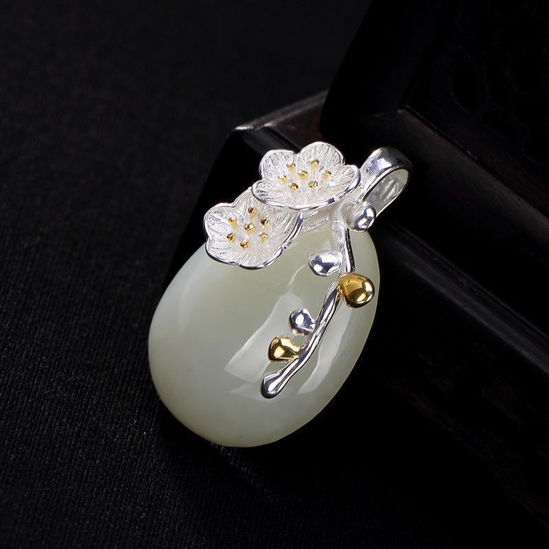 Original S925 Sterling Silver Inlaid Natural Hetian Jade White Jade Plum Blossom Lady High-End All-Match Pendant Fidelity: Default Title