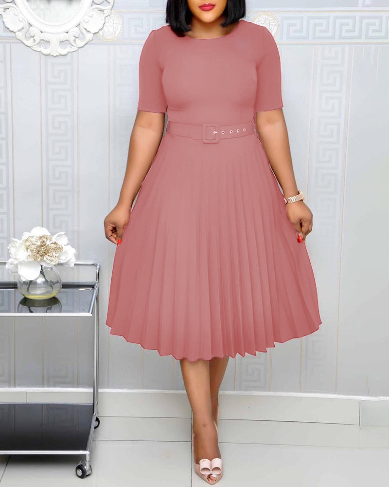 Summer Plus Size Pleated S-5Xl Dress Ladies O-Neck Short Sleeve Solid With Belt Mid-Calf Office Lady Dresses For Women: 5XL / Pink