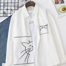 H.sa kvinder forår tegneserie bluser lomme kat hvid bluse og skjorter lange ærmer oversized afslappet blusa toppe smarte katte skjorter: L