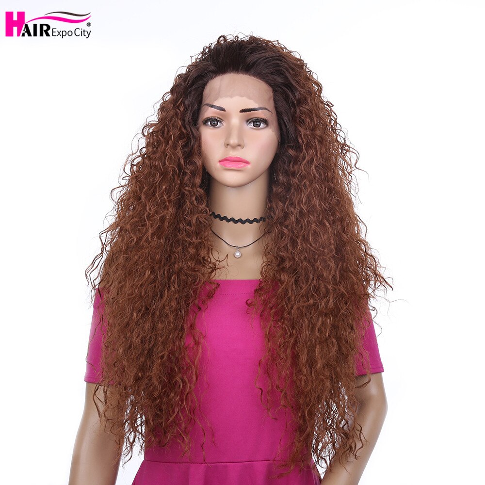 24 tommer lang kinky krøllet paryk afro fluffy hår syntetisk blonde front paryk til sorte kvinder varmebestandigt ombre brown hair expo city