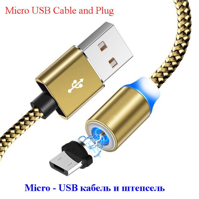 Cable Micro USB magnético de 1M para iPhone, Samsung y Android, Cable de carga rápida USB tipo C, Cable de cargador magnético: Gold Andriod Plug