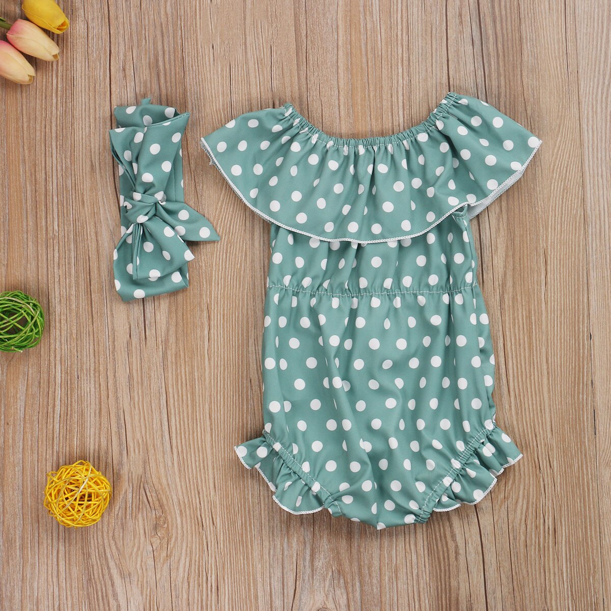 0-24m zomerse schattige babymeisjes-jongens-rompertjes met hoofdband, stippenprint, ruches, mouwen en jumpsuits