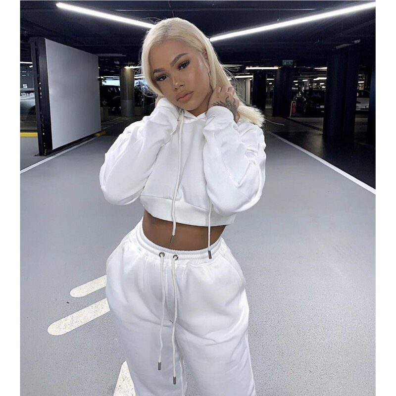 Women&#39;s Tracksuit Set Casual Long Sleeve Hooded Sweatshirt and Loose Drawstring Waistband Pants Two-piece Suit Sportswear: white / M