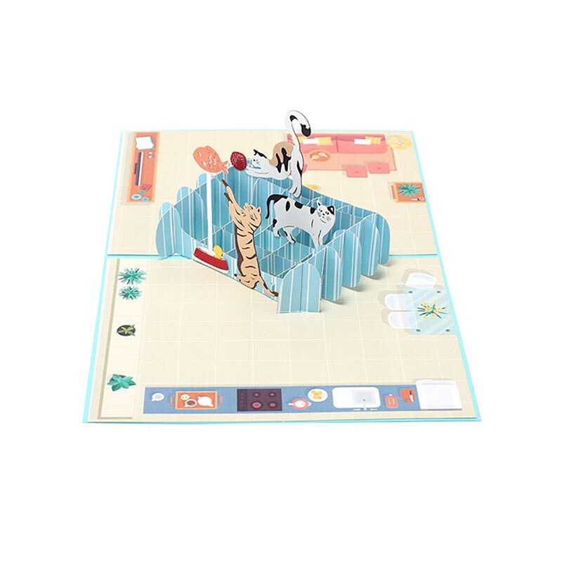 3D Pop UP Cards Birthday Card for Kids Wife Husband Cartoon Cat Card Postcards Card Paper-cut Greeting Card