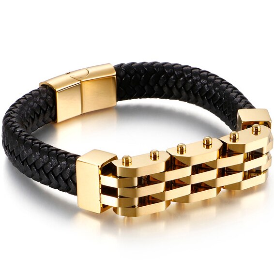Vintage Handgemaakte Mannen Lederen Armband Voor Mannen Rvs Heren Armbanden Biker Sieraden Gratis Logo Naam Graveren Maken: Gold Color