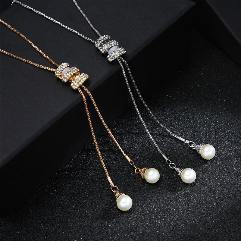 Autumn Winter Metal Long Tassel Rhinestone Crystal Pearl Long Chain Necklace Sweater Party Necklace Jewelry