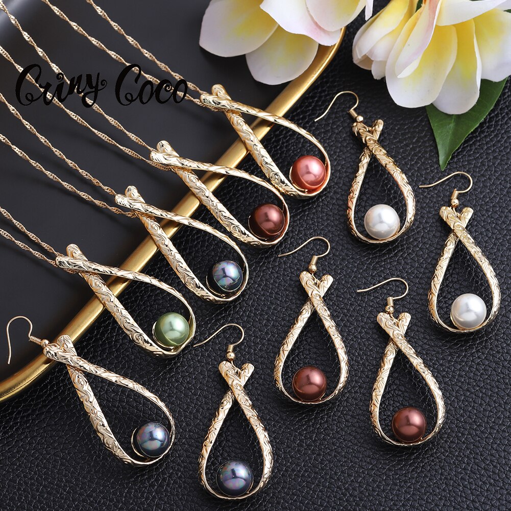 Cring Coco Hawaiian Jewelry Sets Polynesia Earrings Chocolate Color Pearl Water Pendent Necklace Set for Women Mom