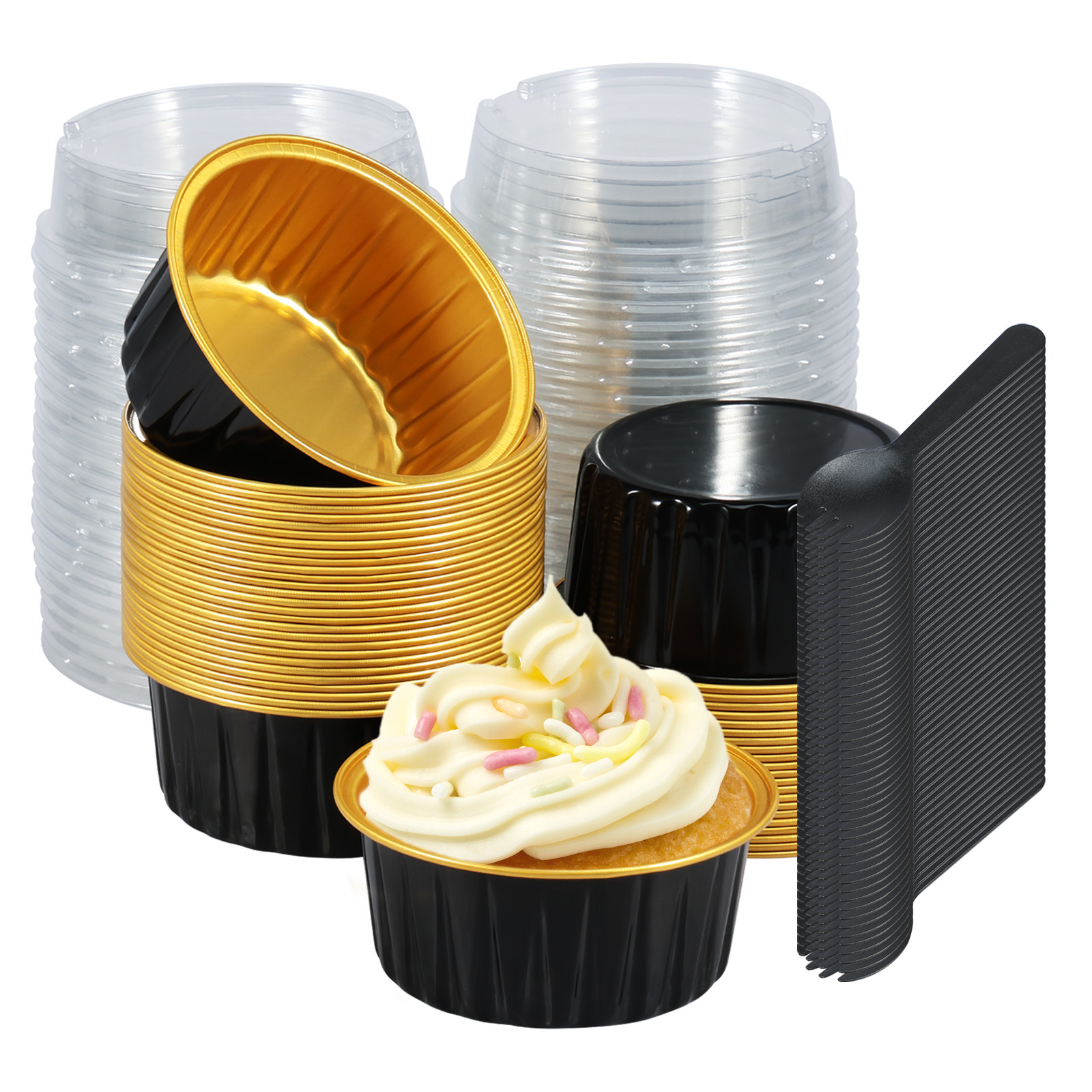 50/100 Stück Mini-Kuchenformen mit Deckel und Löffel, Backformen aus Aluminiumfolie, Mini-Schokoladenbehälter, Muffin-Dosen, Laibpfannen, Küche: dunkel khaki