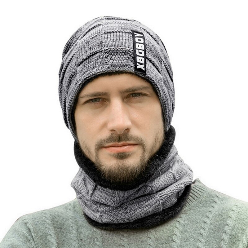 Vinter herr 2- delar mössa halsduk set varm stickad tjock döskalle plysch stickad mössa: 3