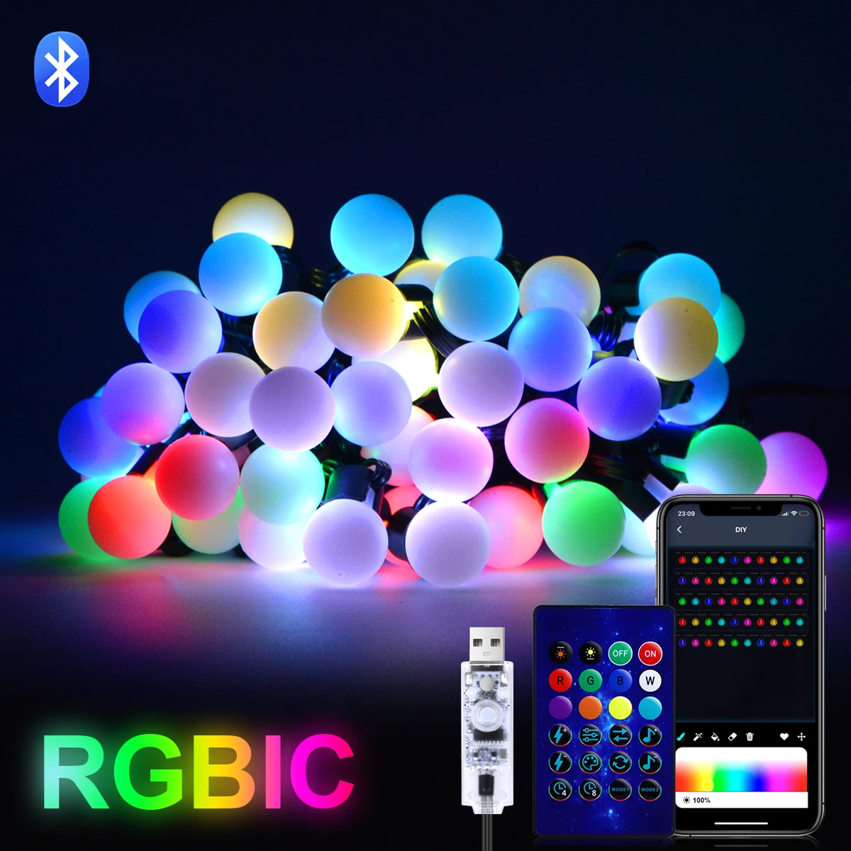 10m g40 ledet-lyslenke med bluetooth-app og fjernkontroll, utendørs usb, rgb-lyslenke, fargeskiftende, til fest, bryllup, hage, bakgård