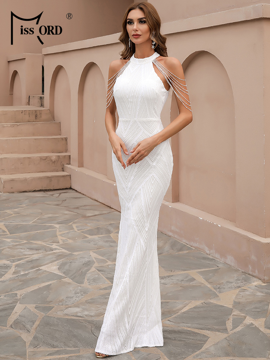 Missord vit paljett bröllopsklänning för kvinnor halterneck ärmlös tofs pärlor bodycon balklänningar lång klänning: Xs / Beige