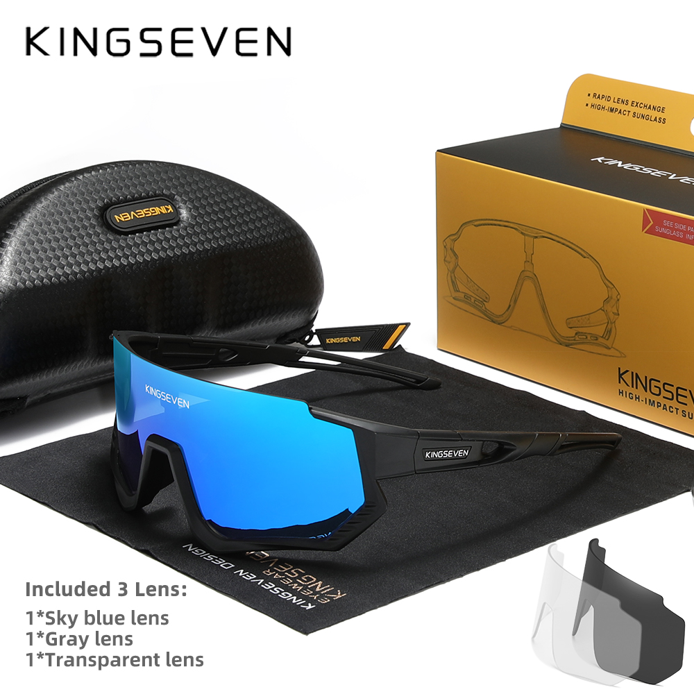 Kingseven cykelsolglasögon polariserade glasögon  uv400 solglasögon för körning och fiske för män och kvinnor, mtb, racercykelglasögon 3 linser: Gul