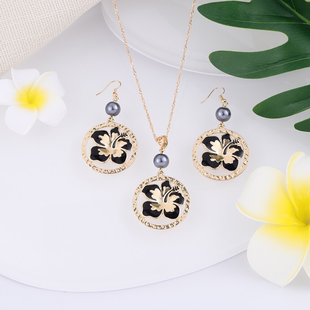 SophiaXuan Schmuck setzt Hibiskus Blumen Perle Halskette einstellen hawaiisch Polynesian Gold Überzogene Halskette setzt für Frauen