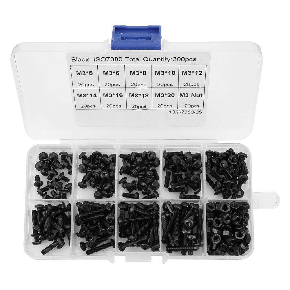 300 stuks  m3 schroeven moeren 10.9 klasse bolkop zeskant schroef bout moer assortiment kit hardware gereedschap korting