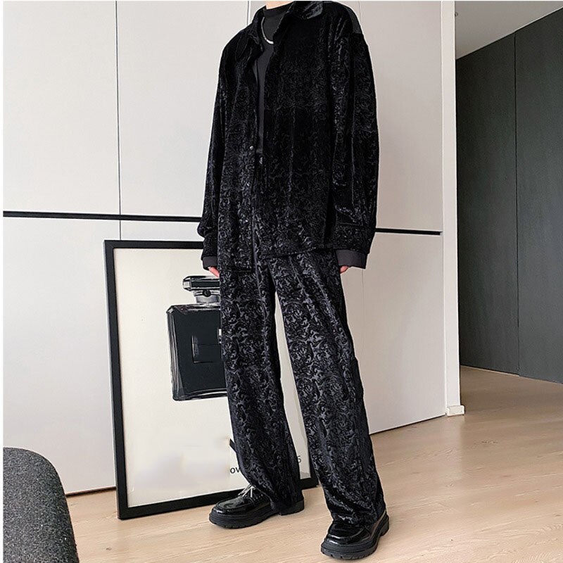 IEFB-Pantalones informales con relieve de terciopelo negro vintage para hombre, traje de tendencia con personalidad, pantalones holgados de pierna ancha con bolsillos, 9Y4680
